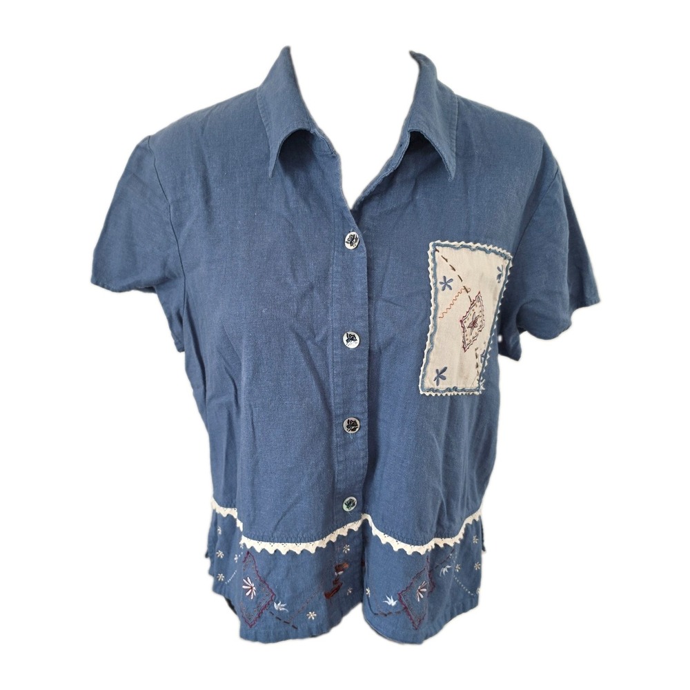 Blue Linen Blend Floral Vintage 90 Embroidered Short Sleeve Top Women's 2X Plus